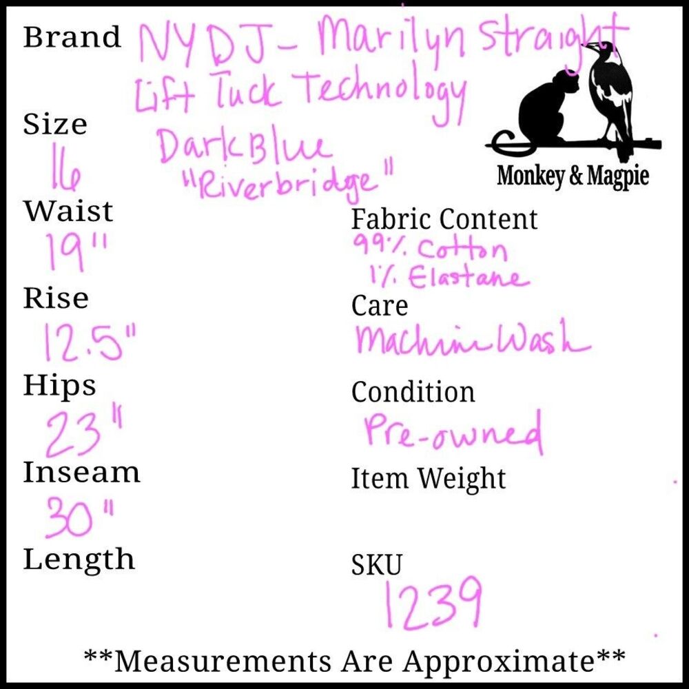 NYDJ Jeans Marilyn Straight Dark Blue Lift Tuck Technology size 16 Womens - Picture 7 of 7